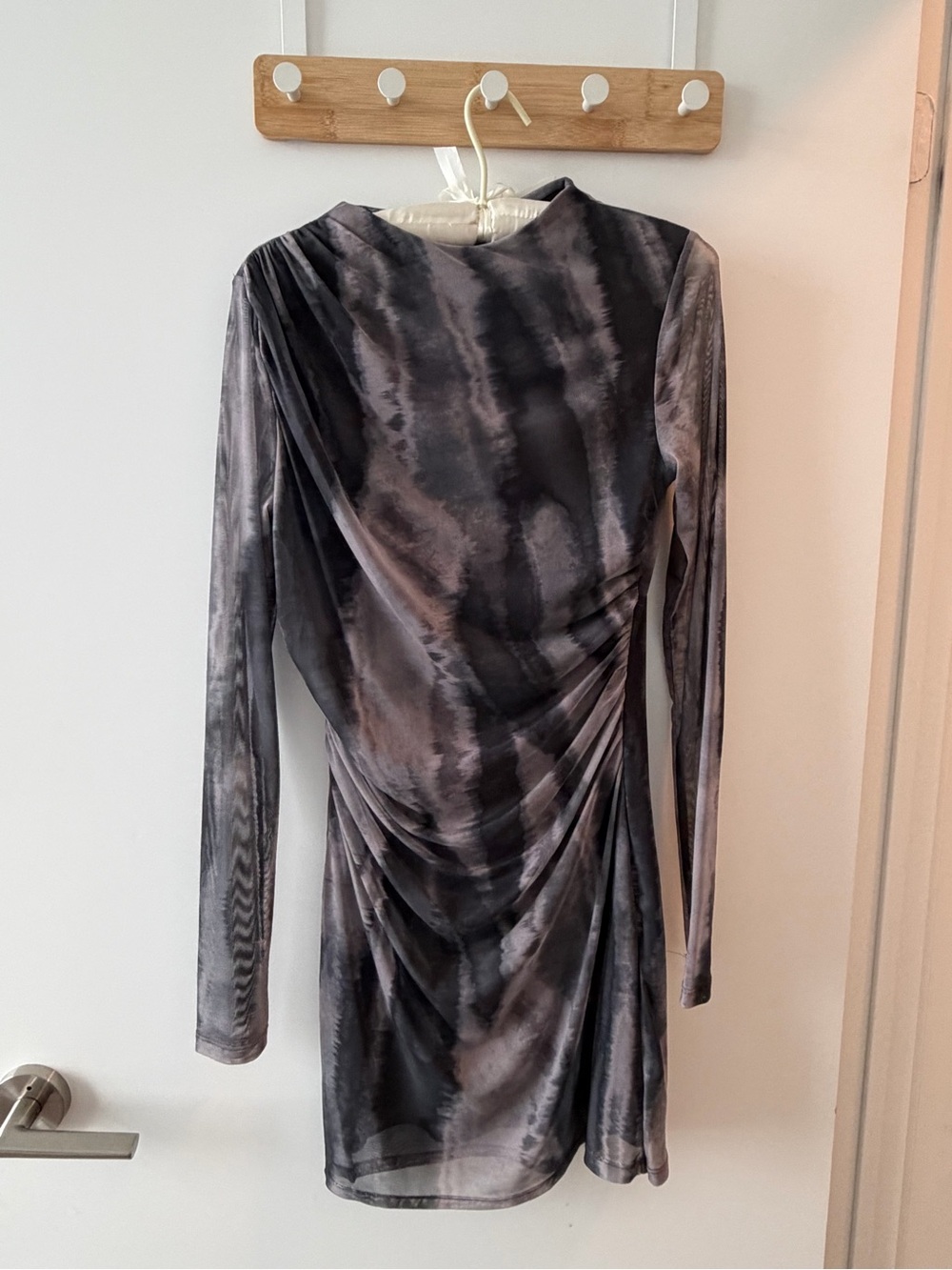Bershka Gray Tie-Dye Ruched Long Sleeve Mini Dress